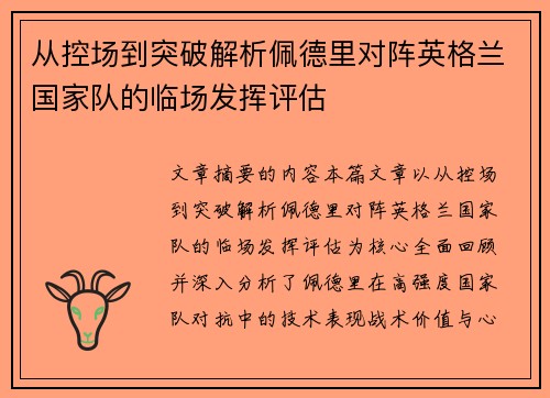 从控场到突破解析佩德里对阵英格兰国家队的临场发挥评估